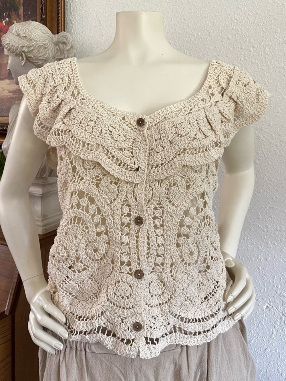 Crocheted Cream Button-Front Women’s Top